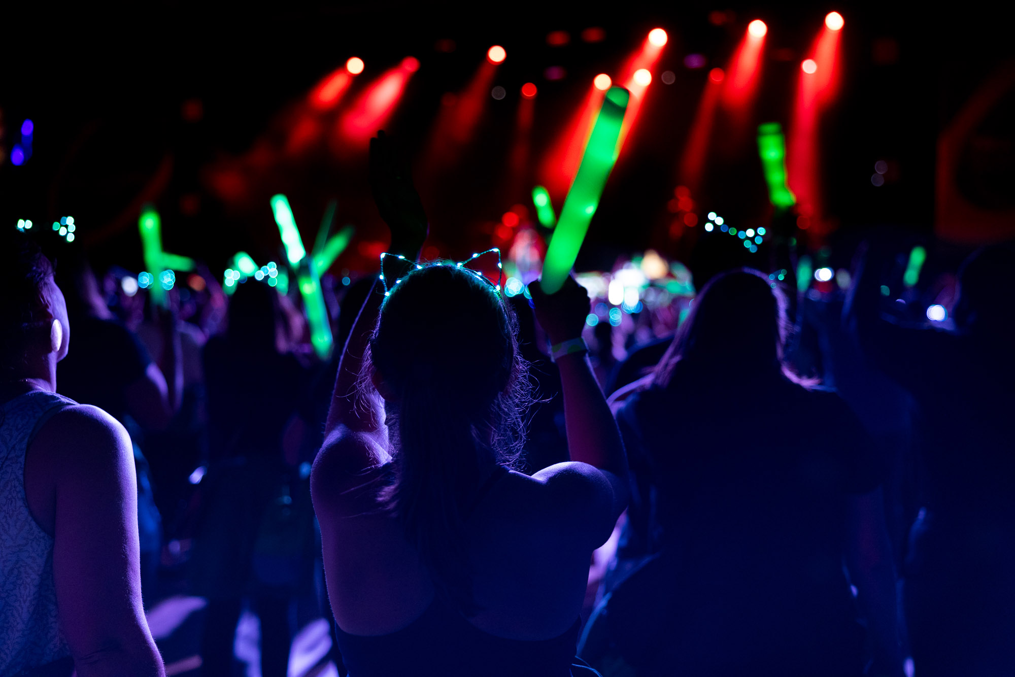 Crowd silhouetted against red and green stage lights, holding up glow sticks during a Ne-Yo and Doug E. Fresh concert.