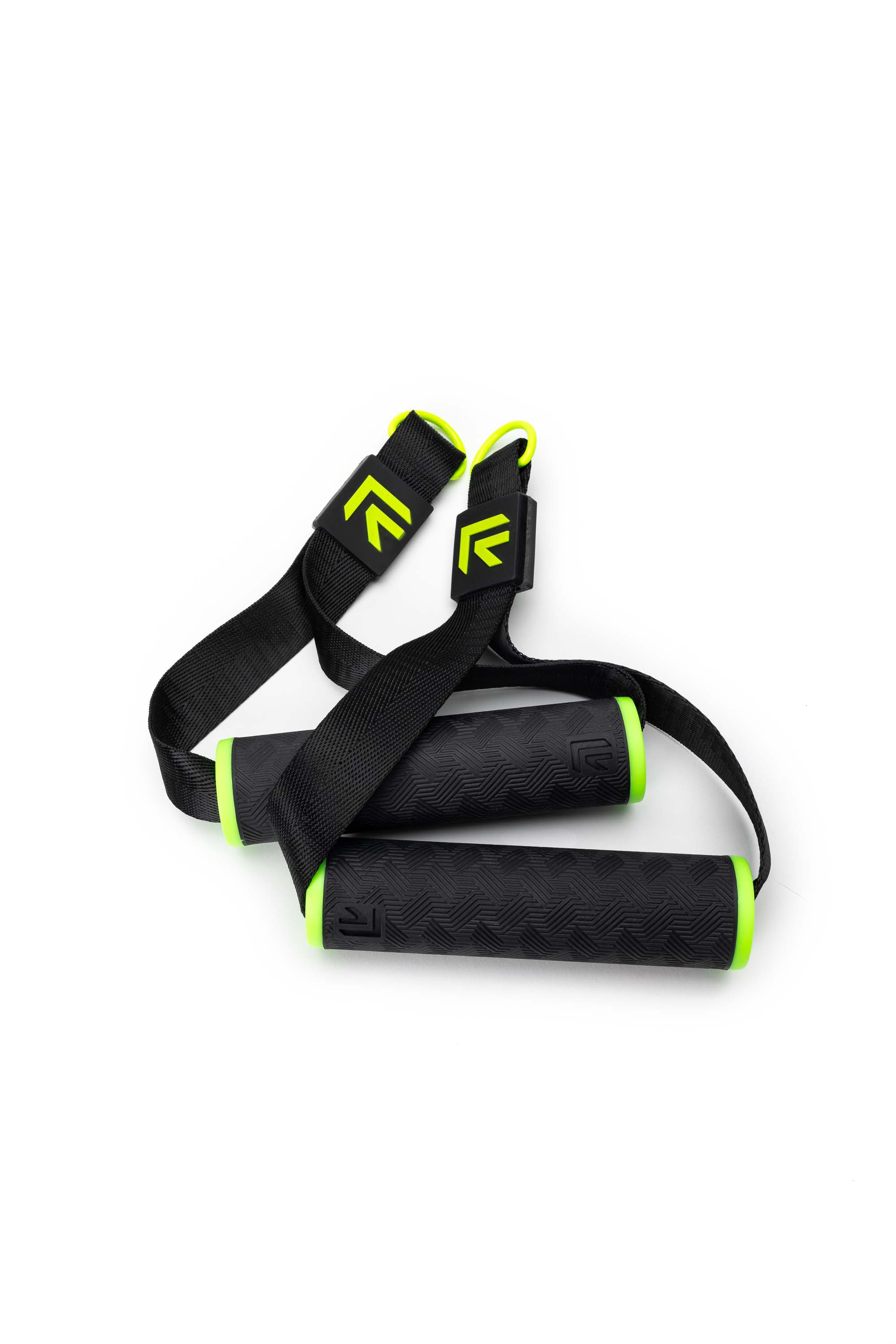 A black Rage Fitness resistance-tube trainer with foam handles and neon-green logos laid out on a white seamless background.
