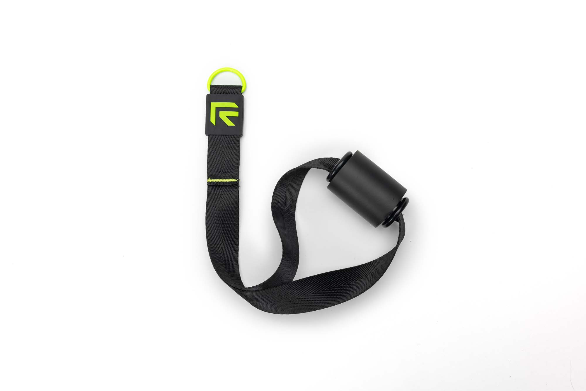 A black Rage Fitness ankle-strap cable attachment with neon-green logo, arranged on a white seamless background.