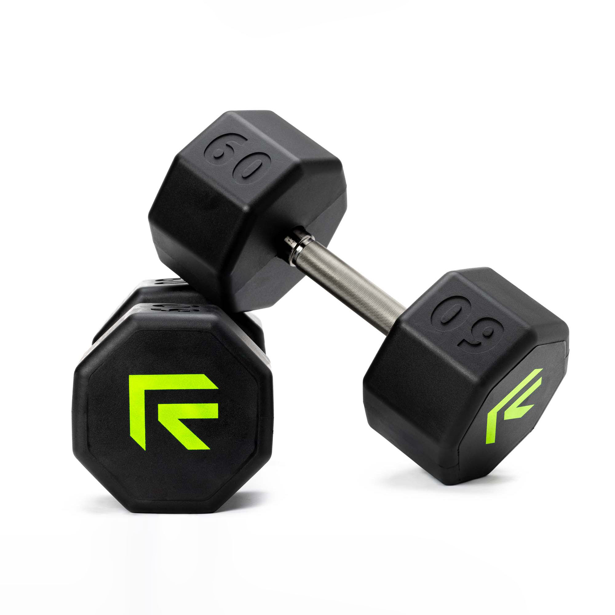 A pair of 60 lb black rubber-hex Rage Fitness dumbbells with neon-green logos stacked on a white seamless background.