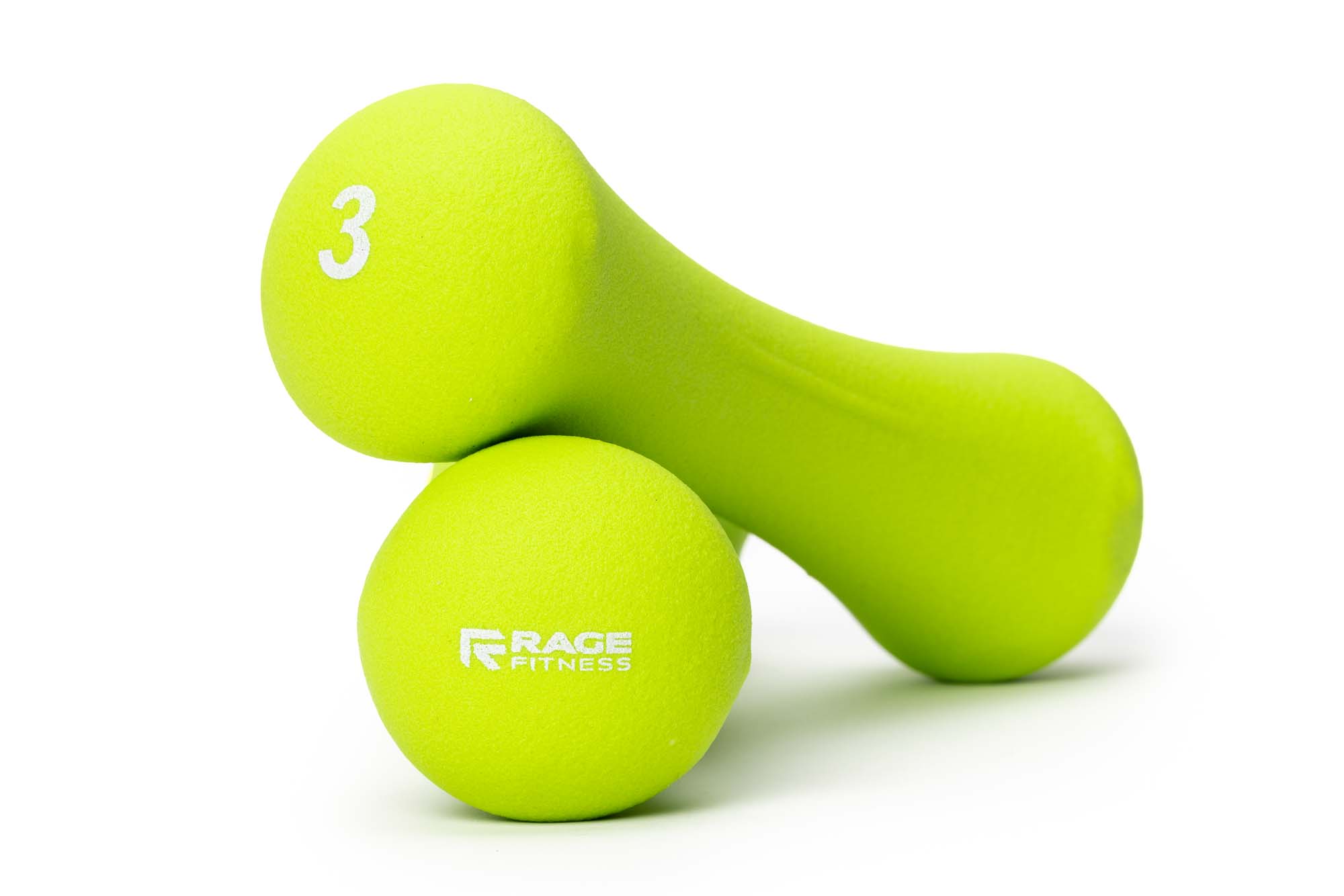 A pair of neon-green Rage Fitness 3 lb neoprene dumbbells stacked on a white seamless background.