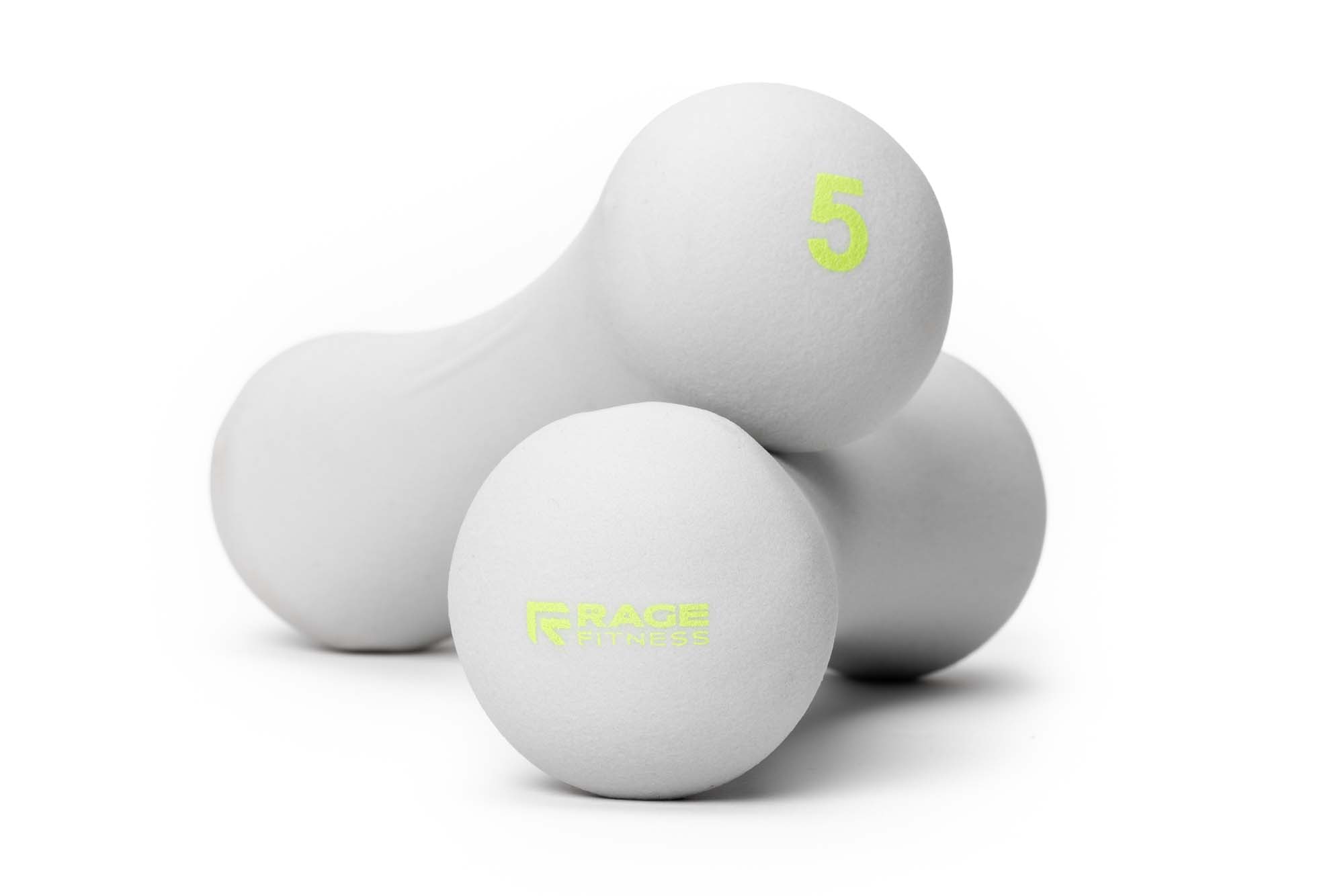 A pair of white Rage Fitness 5 lb neoprene dumbbells with a neon-green logo, stacked on a white seamless background.