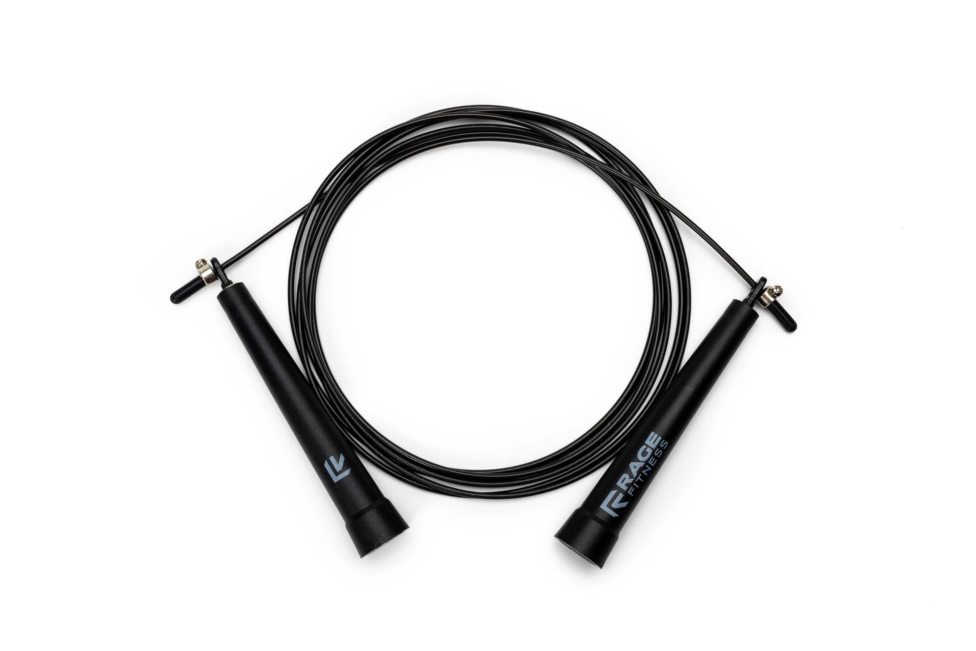 A black Rage Fitness speed jump rope coiled beside its weighted handles on a white seamless background.